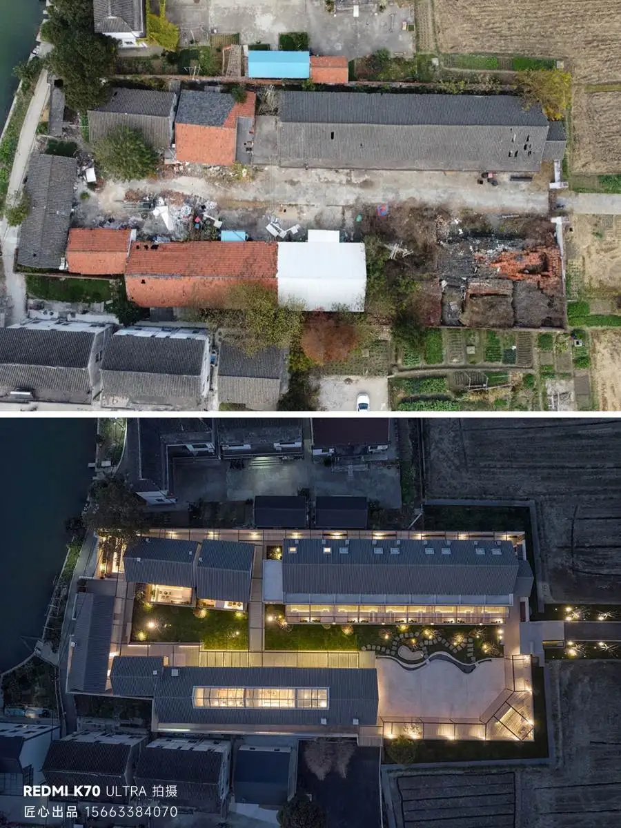 苏州常熟旧厂房民宿江南风格造景 苏州常熟旧厂房改民宿,利用旧砖石、鹅卵石和竹篱笆打造江南风庭院